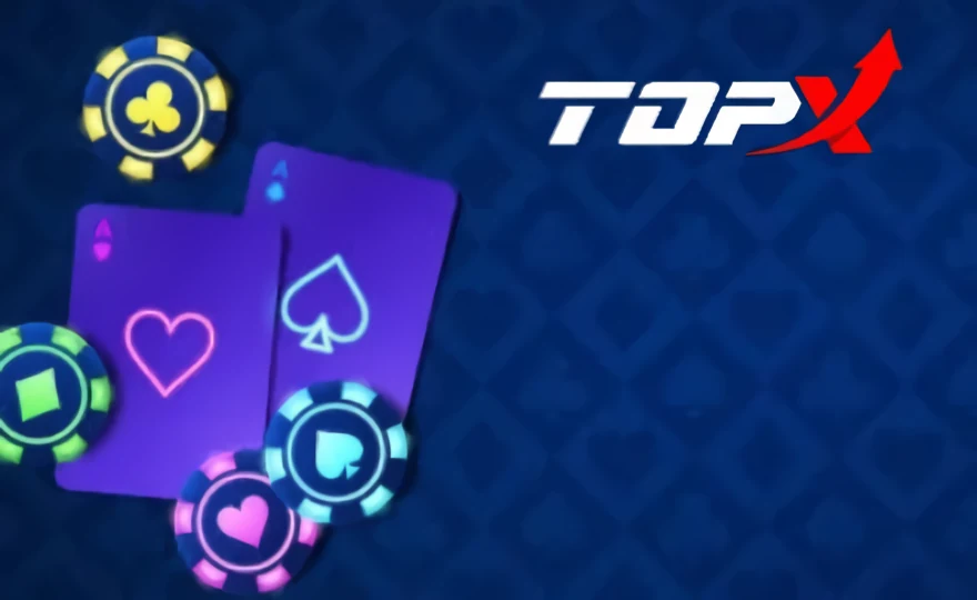 Imagem de marca da TopX: cartas e fichas coloridas sobre fundo azul
